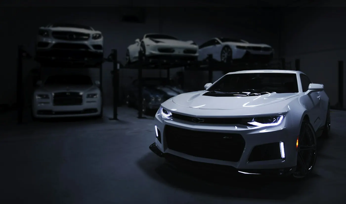 Sports car in a dimly lit showroom