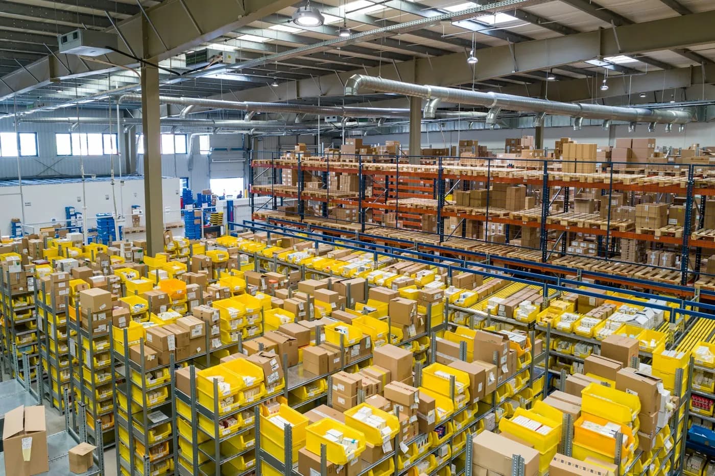 Large warehouse with shelves of packed boxes
